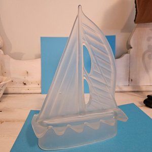 Frosted Glass Sailboat Figurine, 9.5" Tall, Wave Detail!